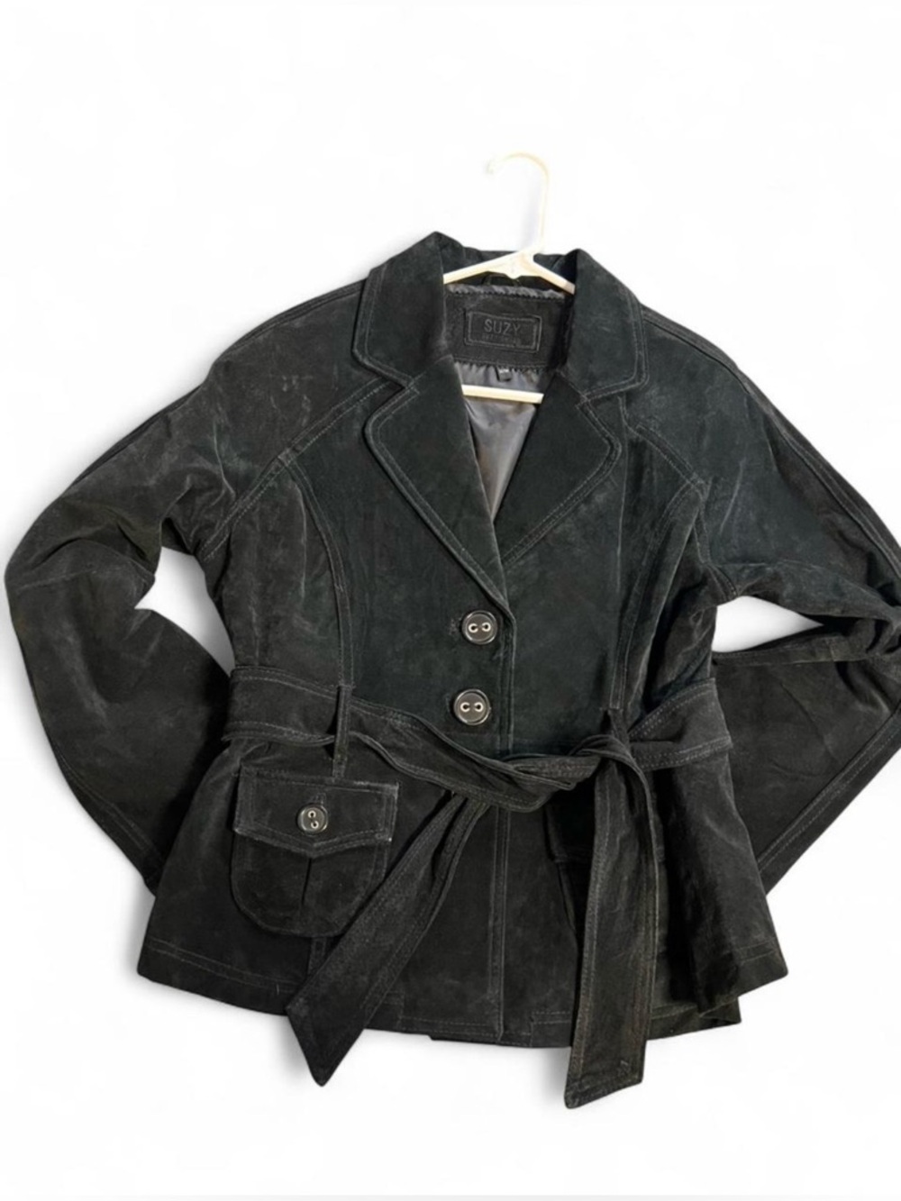 Suzy Sheir Authentic Suede Belted Black Jacket